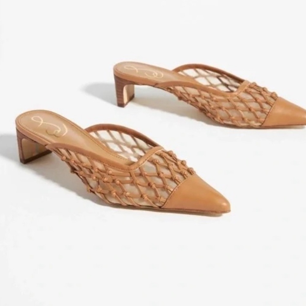 Sam Edelman Tan Woven Leather Pointed Mule Heels